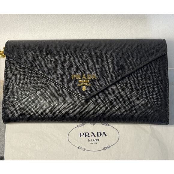 Prada Saffiano Leather Letter Continental Flap Wallet Black Authentic Card Incl - Picture 2 of 15